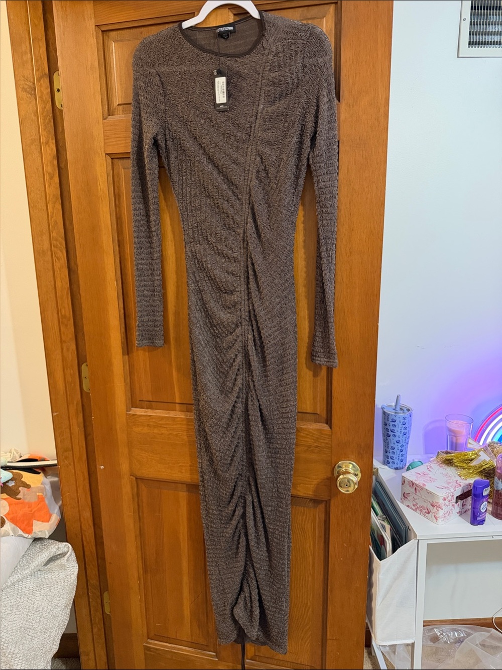 PrettyLittleThing Chocolate Brown Long-Sleeve Ruched Maxi Dress